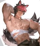  1boy animal_ear_fluff animal_ear_piercing animal_ears arm_behind_head arm_up bandaged_stomach bandages bara black_hair black_pants closed_mouth colored_bangs commentary_request fang fang_out highres komano_manato male_focus ming_feng_(disx_sleep) multicolored_hair multiple_scars muscular muscular_male navel open_fly open_pants pants pectorals red_eyes red_hair scar scar_across_eye scar_on_arm scar_on_chest scar_on_face shiny_skin simple_background smile tail two-tone_hair white_background wolf_boy wolf_ears wolf_tail zenless_zone_zero 