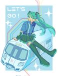  1girl aqua_eyes aqua_hair aqua_trim arm_warmers black_arm_warmers black_boots black_skirt blue_shirt blush boots collared_shirt commentary english_commentary english_text floating_hair hair_ornament hatsune_miku highres long_hair mususubi_(bailey) on_train open_mouth pleated_skirt shirt skirt solo thigh_boots train twintails very_long_hair vocaloid 