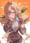  1girl absurdres blush brown_cardigan brown_skirt cardigan closed_mouth collared_shirt commentary_request cowboy_shot dated fuku_fukufuku happy_birthday highres holding_own_hair inda_karane kimi_no_koto_ga_dai_dai_dai_dai_daisuki_na_100-nin_no_kanojo long_hair long_sleeves looking_at_viewer ohananomitsu_high_school_uniform orange_background orange_hair pleated_skirt school_uniform shirt skirt sleeves_past_wrists solo star_(symbol) twintails two-tone_background very_long_hair white_background white_shirt yellow_eyes 