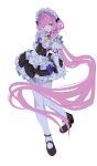 1girl :o ;o apron black_dress black_shoes breasts butterfly_hair_ornament commentary_request dress elbow_gloves elf elysia_(honkai_impact) elysia_(miss_pink)_(honkai_impact) elysia_(miss_pink_elf)_(honkai_impact) fake_horns full_body gloves hair_ornament highres honkai_(series) honkai_impact_3rd horns long_hair looking_at_viewer maid maid_apron maid_headdress medium_breasts official_alternate_costume one_eye_closed pink_hair pointy_ears puffy_sleeves shoes short_hair simple_background solo thighhighs un_sosp1ro very_long_hair white_apron white_background white_gloves white_thighhighs 