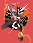  1girl :d ;d absurdres apple arknights black_gloves black_jacket black_shoes chinese_commentary commentary_request detached_wings exusiai_(arknights) exusiai_the_new_covenant_(arknights) fingerless_gloves food fruit full_body gloves halo highres jacket liuli_(xhs_8389233701) looking_at_viewer looking_back one_eye_closed one_side_up open_mouth red_background red_hair shoe_soles shoes short_hair smile solo standing standing_on_one_leg thighhighs traditional_halo weapon_case white_halo white_thighhighs wings yellow_eyes 