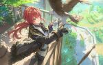  1boy absurdres balcony bench bird birthday black_gloves commentary day diluc_(genshin_impact) eagle feathers from_above genshin_impact gloves hair_between_eyes happy_birthday highres kiisher_d leaf letter long_hair low_ponytail male_focus ponytail red_eyes red_hair solo tree two-sided_gloves vest white_vest 
