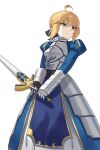  1girl ahoge armor armored_dress artoria_pendragon_(fate) blonde_hair blue_dress blue_ribbon braid braided_base bun_with_braided_base commentary dress fate/grand_order fate_(series) faulds gauntlets green_eyes hair_bun highres holding holding_sword holding_weapon long_sleeves ribbon saber_(fate) simple_background solo sword vakuuberi weapon white_background 