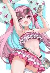  1girl bead_bracelet beads bikini bracelet commentary_request eyewear_on_head frilled_bikini frills glasses heart heart-shaped_eyewear heaven_burns_red highres holding holding_swim_ring innertube jewelry kunimi_tama kunimi_tama_(coral_reverie) looking_at_viewer megutama04 open_mouth panty_straps pantylines pink_eyes pink_hair swim_ring swimsuit thigh_gap twintails 