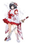  1girl absurdres ankle_boots armpit_crease black_hair blunt_bangs boots bow cigarette commentary detached_sleeves e.g.o_(project_moon) flat_chest floral_print full_body gloves hand_on_own_hip highres holding holding_sheath holding_sword holding_weapon japanese_clothes kimono kimono_dress knees lace-up_boots limbus_company long_sleeves looking_at_viewer magical_girl obi obijime ootachi print_sleeves project_moon red_bow red_eyes red_trim renketsuen_(e.g.o) ro/ku ryoshu_(project_moon) sash scabbard see-through_clothes see-through_veil sheath short_kimono simple_background sleeveless sleeveless_kimono smoking solo sparkle splatter_print standing sword tsurime twitter_username veil waist_bow weapon white_background white_boots white_gloves white_kimono white_sleeves white_veil wide_sleeves 