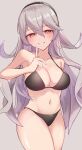  1girl absurdres alternate_costume bikini black_bikini black_hairband blush breasts cleavage commentary_request female_corrin_(fire_emblem) finger_to_mouth fire_emblem fire_emblem_fates full_cleavage grey_hair hair_between_eyes hairband haruka_f4l highres index_finger_raised large_breasts long_hair looking_at_viewer navel red_eyes shushing sidelocks simple_background swimsuit thighs 