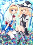  alice_margatroid blonde_hair blue_eyes blush boots bow breasts capelet cleavage cross-laced_footwear dress fred0092 hair_bow hairband hat highres kirisame_marisa lace-up_boots long_hair multiple_girls open_mouth short_hair small_breasts smile striped striped_legwear thighhighs touhou vertical-striped_legwear vertical_stripes white_legwear wrist_cuffs 