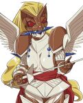  1girl absurdres armor blonde_hair breasts brown_armor brown_helmet commentary_request digimon digimon_(creature) digimon_card_game duftmon feathered_wings genderswap genderswap_(mtf) green_eyes helmet highres holding holding_sword holding_weapon knight long_hair simple_background solo sword taira_(tairamon) weapon white_wings wings 