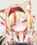  1boy 1girl absurdres animal_ear_fluff animal_ears black_survival blonde_hair blue_eyes cat_ears choker double_v earrings eternal_return:_black_survival fellatio fish_earrings hairband heart hetero heterochromia highres irem_(black_survival) jewelry licking licking_penis looking_at_viewer multicolored_hair multicolored_nails nail_polish oral orange_eyes out_of_frame penis pov red_shirt red_streaks sailor_collar shenqi_xiaohuang shirt simple_background solo_focus streaked_hair tongue tongue_out uncensored v white_background white_sailor_collar 