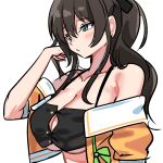  1girl absurdres alternate_breast_size_(larger) blue_eyes blush breasts brown_hair highres hololive jacket kumarang large_breasts long_hair natsuiro_matsuri natsuiro_matsuri_(1st_costume) orange_jacket simple_background underboob virtual_youtuber white_background 