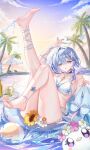  1girl absurdres ball bare_shoulders barefoot beachball bikini blue_hair blue_nails breasts cleavage colored_inner_hair commentary_request facial_mark feet green_eyes hair_between_eyes hair_ornament halo hand_up head_wings heart heart_facial_mark highres holding holding_unworn_sandals honkai:_star_rail honkai_(series) jewelry jndfh knee_up large_breasts leg_up legs long_hair looking_at_viewer multicolored_hair multicolored_nails necklace official_alternate_costume outdoors purple_hair robin_(honkai:_star_rail) robin_(summeretto)_(honkai:_star_rail) sandals sarong sitting solo star_(symbol) star_facial_mark starfish_hair_ornament swimsuit very_long_hair wet white_bikini white_sandals wings yellow_nails 