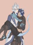  2boys ^_^ absurdres amua690459 angert_(infinity_nikki) armor arms_around_neck belt belt_buckle black_pants blue_eyes blue_hair blue_horns blue_scales blue_tunic boots braid brown_belt brown_boots brown_corset brown_headband brown_ribbon brown_vest buckle carrying chinese_commentary circlet closed_eyes closed_mouth coat collared_shirt commentary_request corset cowboy_shot cropped_shirt cropped_vest dark-skinned_male dark_skin dragon_boy dragon_horns dragon_tail grey_hair hair_between_eyes hair_over_shoulder hair_tubes happy headband heart high_collar highres hip_bones horn_ornament horn_ribbon horns infinity_nikki knee_boots light_smile lips long_hair looking_at_another male_focus meghill_(infinity_nikki) midriff multiple_boys nikki_(series) nostrils orange_background pants parksolian_(infinity_nikki) parted_bangs pauldrons pink_lips pointy_ears princess_carry ribbon shirt short_hair shoulder_armor simple_background single_braid single_hair_tube sleeveless sleeveless_coat standing tail thick_lips thigh_belt thigh_boots thigh_strap tunic v-neck variant_set vest white_coat white_shirt yaoi 