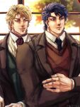  1n1nu 2boys blonde_hair blue_hair brown_jacket closed_mouth collared_shirt commentary crossed_arms dio_brando highres jacket jojo_no_kimyou_na_bouken jonathan_joestar looking_at_another male_focus multiple_boys necktie official_alternate_costume phantom_blood shirt short_hair simple_background suit upper_body vest 