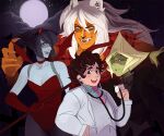  1boy 3girls animal_ears blonde_hair child choker claws colored_skin demon_costume demon_girl demon_horns fangs forehead_jewel gem green_skin halloween halloween_costume happyds horns leotard lips long_hair multiple_girls night orange_skin outdoors pantyhose red_leotard short_hair smile stethoscope steven_quartz_universe steven_universe stitched_face stitches teeth wolf_ears wolf_girl 