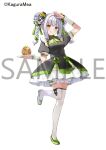  1girl :q arm_up black_dress blue_eyes blush braid brown_eyes closed_mouth double_bun dress food food_request full_body green_nails green_shoes grey_hair hair_bun heterochromia holding holding_plate kagura_gumi kagura_mea kamaboko nail_polish narutomaki natsume_eri official_art plate puffy_short_sleeves puffy_sleeves salute sample_watermark shoes short_sleeves simple_background smile solo standing standing_on_one_leg thighhighs tongue tongue_out twin_braids twintails virtual_youtuber watermark white_background white_thighhighs 