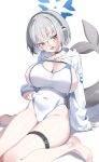  1girl absurdres barefoot black_choker blue_archive blue_halo breasts cetacean_tail choker cleavage commentary_request covered_navel fins fish_tail glasses grey_eyes grey_hair halo headphones highres hooded_shrug huge_breasts kanzi kotone_(blue_archive) long_sleeves looking_at_viewer multicolored_one-piece_swimsuit one-piece_swimsuit open_mouth round_eyewear short_hair shrug_(clothing) sideboob simple_background sitting solo swimsuit tail thigh_strap wariza white_background white_one-piece_swimsuit white_shrug 