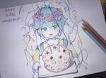  1boy antenna_hair basil_(headspace)_(omori) basil_(omori) birthday_cake blue_overalls blush cake colored_skin commentary_request confetti double-parted_bangs flower flower_wreath food ggggg27227 green_eyes green_hair green_shirt hair_between_eyes head_wreath highres korean_commentary looking_at_viewer male_focus omori open_mouth overalls shirt short_hair short_sleeves sidelocks smile solo t-shirt traditional_media twitter_username white_skin 