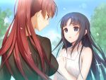  2girls bare_shoulders dress game_asset hand_on_own_chest highres looking_at_another minahara_yuki morning multiple_girls open_mouth ouma_ga_toki:_tasogare_ni_kemuru_shoujo outdoors raised_eyebrows raised_inner_eyebrows sky sleeveless sleeveless_dress summer tree tsuyuta_kome worried 