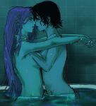  2girls alien_stage bathing bathtub black_hair blush bob_cut commentary english_commentary hair_between_eyes highres imminent_kiss long_hair mizi_(alien_stage) multiple_girls nude pink_hair purple_eyes short_hair sua_(alien_stage) wawa22233 