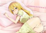  anus blonde_hair blush green_eyes hoshii_miki idolmaster idolmaster_(classic) kaiga long_hair lying no_panties on_side open_mouth pajamas pajamas_pull pillow pussy solo uncensored underwear 