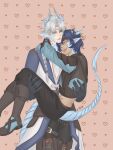  2boys ^_^ absurdres amua690459 angert_(infinity_nikki) armor arms_around_neck belt belt_buckle black_pants blue_eyes blue_hair blue_horns blue_scales blue_tunic boots braid brown_belt brown_boots brown_corset brown_headband brown_ribbon brown_vest buckle carrying chinese_commentary circlet closed_eyes closed_mouth coat collared_shirt commentary_request corset cowboy_shot cropped_shirt cropped_vest dark-skinned_male dark_skin dragon_boy dragon_horns dragon_tail grey_hair hair_between_eyes hair_over_shoulder hair_tubes happy headband heart heart_background high_collar highres hip_bones horn_ornament horn_ribbon horns infinity_nikki knee_boots light_smile lips long_hair looking_at_another male_focus meghill_(infinity_nikki) midriff multiple_boys nikki_(series) nostrils orange_background pants parksolian_(infinity_nikki) parted_bangs pauldrons pink_lips pointy_ears princess_carry ribbon shirt short_hair shoulder_armor single_braid single_hair_tube sleeveless sleeveless_coat standing tail thick_lips thigh_belt thigh_boots thigh_strap tunic v-neck vest white_coat white_shirt yaoi 