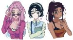  3girls alien_stage black_bra black_hair blue_hair blue_sweater_vest book bra breasts brown_hair collared_shirt dark-skinned_female dark_skin english_commentary green_eyes grey_eyes hairband heart highres holding holding_book hood hoodie hyuna_(alien_stage) long_hair mizi_(alien_stage) multicolored_hair multiple_girls official_alternate_costume one_eye_closed orange_tube_top pink_hoodie ponytail shirt short_hair simple_background smile star_(symbol) strapless sua_(alien_stage) sunglasses sweater_vest tongue tube_top two-tone_hair underwear v white_hairband white_shirt wompompd 