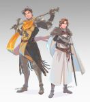 2boys a_song_of_ice_and_fire armor blue_eyes brown_hair cape closed_mouth eddard_stark english_commentary full_body game_of_thrones hammer holding holding_hammer holding_sword holding_weapon knight male_focus multiple_boys pauldrons rebekah_jin robert_baratheon scarf sheath sheathed shoulder_armor standing sword tunic war_hammer weapon white_cape white_tunic yellow_scarf yellow_tunic 
