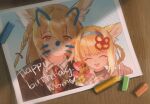  2girls animal_ears arknights black_collar black_jacket blonde_hair blue_hairband bouquet braid braided_hair_rings collar collared_shirt crayon fox_ears fox_girl hair_rings hairband highres holding holding_bouquet infection_monitor_(arknights) jacket le_fish_au_chocolat long_hair mother_and_child mother_and_daughter multiple_girls necktie parent_and_child photo_(object) red_eyes red_necktie shirt smile suzuran_(arknights) vulpisfoglia_(arknights) 
