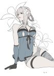  1girl bandaged_arm bandaged_leg bandaged_neck bandages blue_negligee blue_sleeves braid braided_hair_rings breasts brown_eyes commentary detached_sleeves feet_out_of_frame flower gohanndaisukias grey_hair hair_flower hair_ornament hair_rings highres kaine_(nier) medium_breasts medium_hair negligee nier nier_(series) panties pink_lips single_bare_shoulder single_sidelock sitting solo thigh_strap underboob underwear white_background white_flower white_panties 
