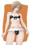 1boy ass_visible_through_thighs bikini black_bikini blue_eyes border brown_hair bulge closed_mouth commentary commission cowboy_shot crossdressing crossdressing_(mtf) frilled_bikini frills hair_over_one_eye highres looking_at_viewer maid maid_bikini male_focus microskirt miya_nns35 navel one_eye_covered orange_background original pixiv_commission puffy_chest short_hair simple_background skirt smile solo stomach swimsuit trap unconventional_maid white_border 