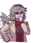  1girl bow bowtie commentary dress feathered_wings grey_hair grey_wings hair_between_eyes highres jacket kishin_sagume long_sleeves looking_at_viewer medium_hair open_clothes open_jacket prmkq purple_dress red_bow red_bowtie red_eyes simple_background single_wing solo touhou white_background wings yellow_jacket 