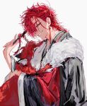  1boy alternate_costume animal animal_hug animalization black_kimono braid braided_ponytail commentary_request earrings folded_fan folding_fan fur-trimmed_kimono fur_trim grin hand_fan highres holding holding_animal holding_fan holding_own_hair japanese_clothes jewelry kimono long_hair long_sleeves looking_at_viewer male_focus parted_lips person_and_animalization red_eyes red_hair robe shiguang_dailiren simple_background single_braid single_earring smile solo tassel tassel_earrings teeth tyoookozuki upper_body white_background wide_sleeves wolf xiao_weiying xiao_weiying_(wolf) 