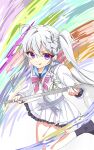  >:) 1girl 9-nine- :q absurdres ahoge belt black_socks bow braid chest_bow chinese_commentary closed_mouth commentary dress foot_out_of_frame frilled_dress frills green_ribbon grey_belt grey_hair hair_ribbon hakusen_academy_school_uniform highres holding holding_ladle inkari ladle long_hair long_sleeves looking_at_viewer niimi_sora oversized_object pink_bow pleated_dress purple_eyes ribbon school_uniform short_dress sidelocks simple_background single_braid smile smug socks solo split_mouth standing standing_on_one_leg tongue tongue_out v-shaped_eyebrows white_dress 