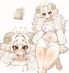  1girl :t absurdres animal_ears animal_nose blunt_bangs blush bow_shorts cardigan cinnamoroll commentary curled_horns english_commentary fluffy_hair fredek666 furry furry_female fuwa_fuwa_cinnamoroll glasses hair_intakes halo highres hooves horns looking_at_viewer mole mole_on_stomach mole_on_thigh mole_under_mouth multiple_views navel original pajamas paw_pose round_eyewear sanrio sheep_ears sheep_girl sheep_horns sheep_tail short_eyebrows shorts sleeves_past_wrists solo star_halo stomach tail tank_top white_background white_cardigan white_hair white_pajamas white_shorts white_tank_top 