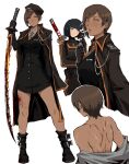  1girl absurdres bare_back beret black_hair blood blood_splatter bob_cut boots brown_eyes brown_hair cigarette collared_shirt dark-skinned_female dark_skin dress epaulettes from_behind hat highres holding holding_sword holding_weapon jacket katana kekel lighter lighting_cigarette limbus_company long_hair long_sleeves looking_at_viewer military military_combat_uniform military_jacket military_uniform multiple_girls multiple_scars necktie outis_(project_moon) project_moon r_corp._(identity)_(project_moon) red_eyes ryoshu_(project_moon) scar shirt short_hair shoulder_blades simple_background sword weapon white_shirt 