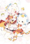  1boy :3 ;3 animal_ears black_shorts bow bowtie cape colored_tips commentary_request derakkuma electric_plug electric_plug_tail fur_collar highres kanadera maimai_(game) multicolored_hair one_eye_closed red_cape red_eyes short_eyebrows shorts tail white_hair zoookiiiii 