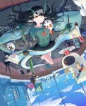  1girl absurdres alternate_costume arknights black_hair black_skirt blanket bottle building chinese_commentary chongyue_(arknights) cloud cola colored_extremities commentary_request cursor dragon_bean_(arknights) dragon_girl dragon_horns dragon_tail dusk_(arknights) earrings exif_rotation food fruit green_hands green_horns green_shirt highres horns indoors jewelry kaishui_pao_mian_wu_fenzhong ling_(arknights) long_hair lying multicolored_hair nian_(arknights) on_back one_eye_closed plate pleated_skirt pointy_ears red_eyes scroll shirt shoes skirt sky skyscraper sleep_mask tail tomato_print unworn_shoes upside-down watermelon watermelon_slice yu_(arknights) 