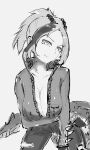  1girl adeshi_(adeshi0693119) arm_under_breasts braid breast_pocket breasts cleavage closed_mouth collared_jacket commentary_request cowboy_shot crocodilian_tail fingerless_gloves gloves greyscale head_tilt high_collar high_ponytail highres jacket kemono_friends kemono_friends_2 large_breasts leaning_forward legs_apart long_hair long_sleeves looking_at_viewer monochrome multicolored_hair pants pocket ponytail presenting_own_breasts saltwater_crocodile_(kemono_friends) sketch slit_pupils smile solo spiked_jacket spiked_sleeves spikes straight-on tail torn_clothes torn_pants 