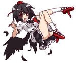  black_hair blush body_blush deku_(dekunosu) dress_shirt feathers frills hat looking_at_viewer notebook open_mouth pen red_eyes shameimaru_aya shirt short_hair simple_background skirt smile socks solo tokin_hat touhou white_background white_legwear wings 