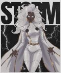  1girl arms_at_sides belt black_background black_boots blank_eyes bodysuit boots border breasts cape character_name commentary cowboy_shot crossed_legs dark-skinned_female dark_skin earrings english_commentary english_text glowing glowing_eyes gold_belt headpiece highres jewelry legs_together lightning lightning_bolt_earrings lightning_bolt_symbol long_hair long_sleeves marvel medium_breasts narrow_waist open_hands parted_bangs parted_lips shermosh simple_background solid_eyes standing storm_(x-men) thigh_boots very_dark_skin very_long_hair white_bodysuit white_boots white_border white_cape white_eyes white_hair x-men x-men:_the_animated_series 