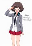  1girl akiyama_yukari birthday brown_hair commentary_request emblem fluffy_hair girls_und_panzer grey_jacket happy_birthday headphones headphones_around_neck highres jacket looking_at_viewer miniskirt necktie open_mouth pleated_skirt red_skirt salute saunders_(emblem) saunders_school_uniform school_uniform shirt short_hair simple_background skirt smile solo sukusuto5koharu white_background white_shirt 