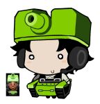  1boy ace_attorney black_boots black_hair black_overalls blush_stickers boots cannon character_request check_copyright chibi closed_mouth collared_shirt commentary_request copyright_request green_hat happy hat headphones headset korean_commentary long_sleeves male_focus mii_(nintendo) miitopia military_vehicle motor_vehicle o_o overalls reference_inset saman_zero7 shirt short_hair simple_background smile solo tank tank_(miitopia) white_background white_shirt 