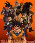  6+boys armor bardock black_eyes black_hair boots clenched_hand dragon_ball dragonball_z eyebrows fist frown gloves grin long_hair looking_at_viewer looking_back male male_focus multiple_boys muscle nappa raditz scouter smile son_gokuu spiked_hair tail thick_eyebrows tullece turles vegeta 