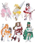  6+girls :d absurdres alternate_costume anchor_ornament ankle_boots armpit_crease axe beret black_hair blonde_hair blue_eyes blunt_bangs blush boots bow bowtie braid breasts brooch brown_hair buttons candy cape cigarette collared_shirt commentary_request corset curtained_hair dark-skinned_female dark_skin detached_sleeves don_quixote_(project_moon) dress e.g.o_(project_moon) eyelashes faust_(project_moon) flat_chest floral_print flower_hairclip food frilled_dress frilled_shirt frilled_skirt frills full_body fur_trim gem gloves gold_trim green_bow green_bowtie green_dress green_gem green_hat hair_bow hair_over_shoulder hand_on_own_hip hand_up hat heart high-low_dress highres holding holding_axe holding_candy holding_food holding_lollipop holding_mace holding_sheath holding_shield holding_sword holding_weapon ishmael_(project_moon) jacket japanese_clothes jewelry kimono kimono_dress knees lace-up_boots lance large_breasts limbus_company lollipop long_hair long_sleeves looking_at_viewer low_twin_braids mace magical_girl medium_hair mole mole_under_eye multiple_girls necktie obi obijime one_side_up ootachi open_mouth orange_bow orange_bowtie orange_hair orange_sailor_collar outis_(project_moon) pantyhose pink_cape pink_dress pink_necktie pink_shoes polearm print_sleeves project_moon red_bow red_corset red_eyes red_shoes red_skirt red_trim renketsuen_(e.g.o) ro/ku rodion_(project_moon) ryoshu_(project_moon) sailor_collar sash scabbard see-through_clothes see-through_veil shako_cap sheath shield shirt shoes short_kimono simple_background skirt sleeveless sleeveless_kimono smile smoking sparkle splatter_print standing swirl_lollipop sword thick_thighs thigh_boots thighhighs thighs tsurime twin_braids twintails twitter_username veil very_long_hair waist_bow weapon white_background white_boots white_bow white_cape white_gloves white_hair white_hat white_jacket white_kimono white_pantyhose white_shirt white_sleeves white_thighhighs white_veil wide_sleeves yellow_boots yellow_bow yellow_bowtie yellow_eyes yellow_skirt 
