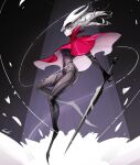  1girl arthropod_girl black_skin blank_eyes breasts cloak colored_skin commentary flower-shaped_hair full_body highres holding holding_weapon hollow_knight horned_mask hornet_(hollow_knight) mask multicolored_skin needle_(hollow_knight) partial_humanization red_cloak vansikart weapon white_eyes white_hair white_skin 