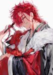  1boy alternate_costume animal animal_hug animalization black_kimono braid braided_ponytail commentary_request earrings folded_fan folding_fan fur-trimmed_kimono fur_trim grin hand_fan holding holding_animal holding_fan holding_own_hair japanese_clothes jewelry kimono long_hair long_sleeves looking_at_viewer male_focus parted_lips person_and_animalization red_eyes red_hair robe shiguang_dailiren simple_background single_braid single_earring smile solo tassel tassel_earrings teeth tyoookozuki upper_body white_background wide_sleeves wolf xiao_weiying xiao_weiying_(wolf) 
