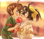  1boy 1girl black_hair blush brown_hair candy_apple commentary_request crossed_bangs festival_jinbei food from_side hairband hetero highres holding holding_candy_apple holding_food japanese_clothes juliana_(festival_jinbei)_(pokemon) juliana_(pokemon) kieran_(pokemon) mole mole_on_neck nagiri_549 open_mouth pokemon pokemon_scarlet_and_violet profile purple_hair short_sleeves yellow_hairband 