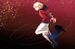  1boy arms_at_sides azami_masurao black_hoodie blonde_hair commentary_request floating_clothes floating_hair from_side full_body gauntlets green_eyes hair_between_eyes highres hood hoodie jacket leg_up male_focus mario_gallo_bestino midair open_hands piano_machine_(type-moon) profile puppet_strings red_background red_jacket shoes short_hair shorts sneakers solo string tsukihime tsukihime_(remake) white_shorts 