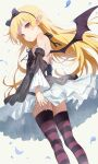  1girl absurdres bare_shoulders black_bow black_dress blonde_hair blush blush_stickers bow breasts demon_wings detached_sleeves dress frilled_dress frills hair_bow highres kuroisisasami long_hair long_sleeves looking_at_viewer looking_back monogatari_(series) oshino_shinobu pointy_ears simple_background single_wing small_breasts solo striped_clothes striped_thighhighs thighhighs vampire white_background wings yellow_eyes 
