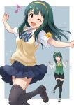  1girl :d ;d absurdres aged_down alternate_hair_length_(longer) baby_animal bird black_shoes black_thighhighs blue_bow blue_bowtie blue_skirt border bow bowtie brown_eyes chick collared_shirt commentary_request dancing eighth_note floating_hair green_hair green_vest grey_background hairband highres idolmaster idolmaster_(classic) long_hair looking_at_viewer miniskirt mole mole_under_mouth multiple_views musical_note noborinosato one_eye_closed open_mouth otonashi_kotori outside_border pencil_skirt pleated_skirt school_uniform shirt shoes skirt smile sparkle standing standing_on_one_leg striped_bow striped_bowtie striped_clothes sweater_vest thighhighs vest white_border white_shirt yellow_bow yellow_bowtie yellow_hairband yellow_sweater_vest 